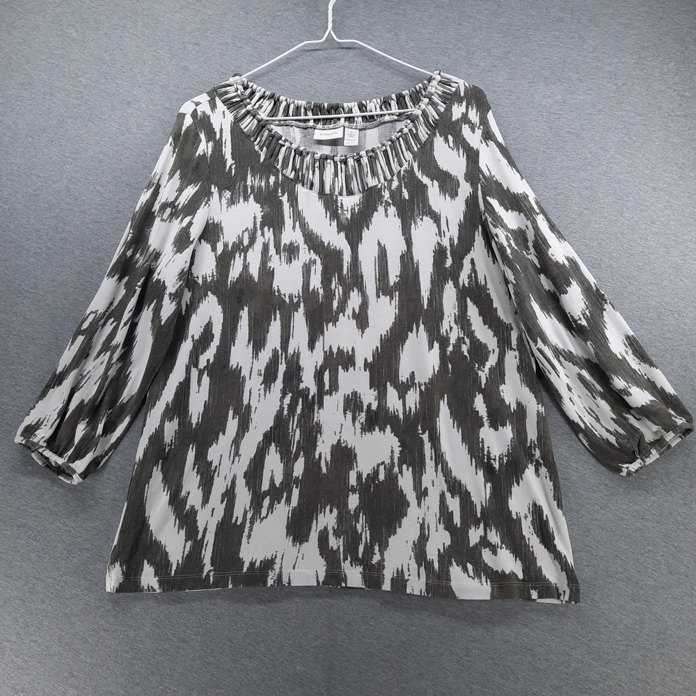 Chicos Blouse Womens 2 US L 12 Gray Animal Print Round Neck 3/4 Sleeve Top
